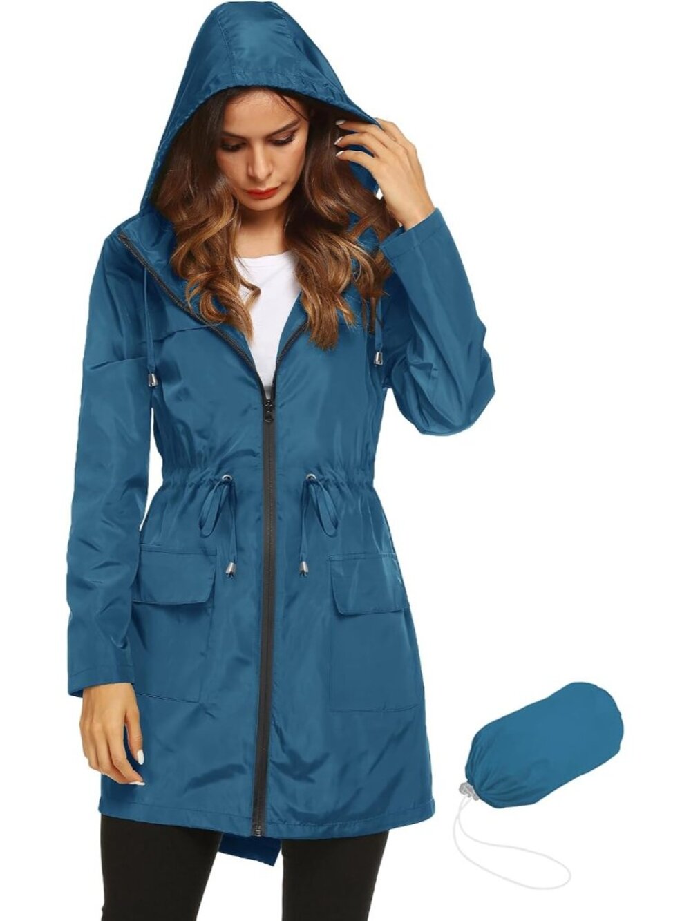 Women Teal Solid Packable Hooded Active Lightweight Waterproof Trench Rain Coat